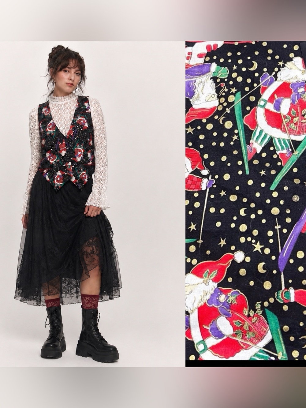 Vintage 90s Christmas Celestial Vest Women's Small Gold Moons Stars Skiing Santa